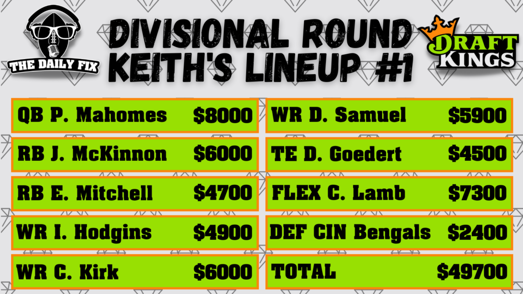 Keith's DK Lineup #1 Suggestion for The Divisional Round (2023) Fantasy In Frames